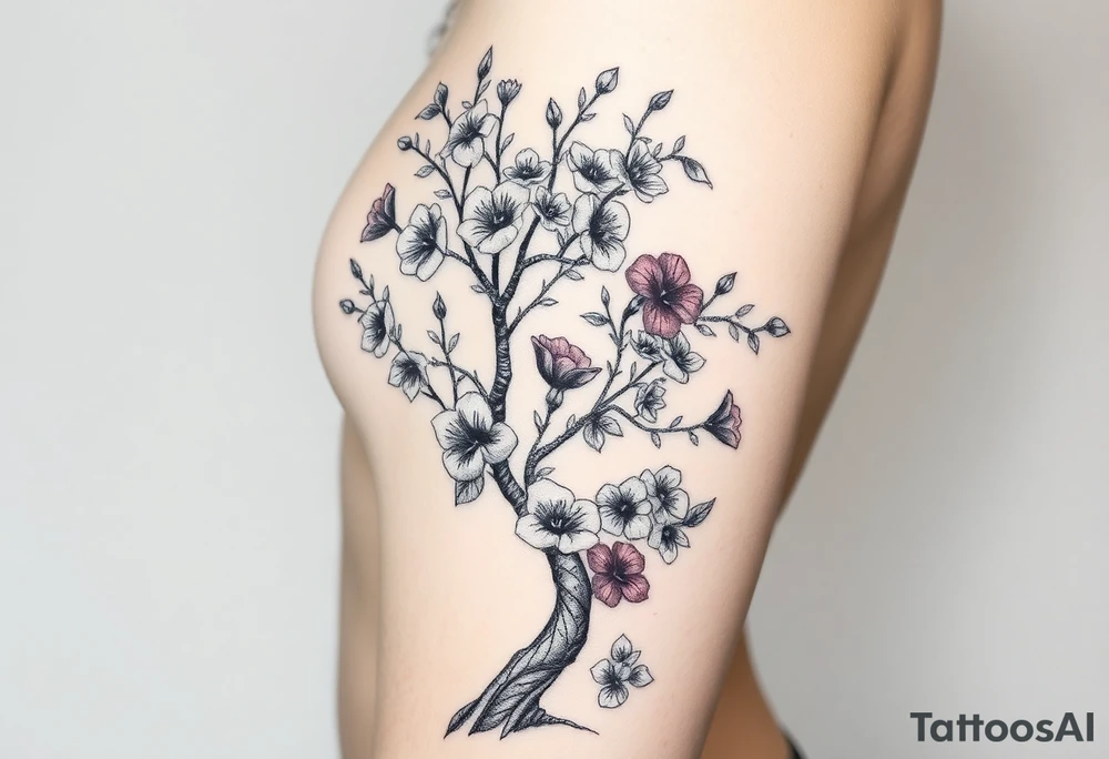 Body of a woman as the trunk forming a blossoming peach tree with morning glories & cosmo flowers small underneath tattoo idea