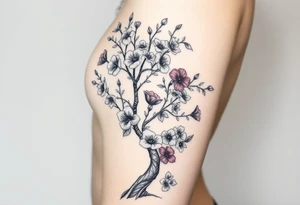 Body of a woman as the trunk forming a blossoming peach tree with morning glories & cosmo flowers small underneath tattoo idea