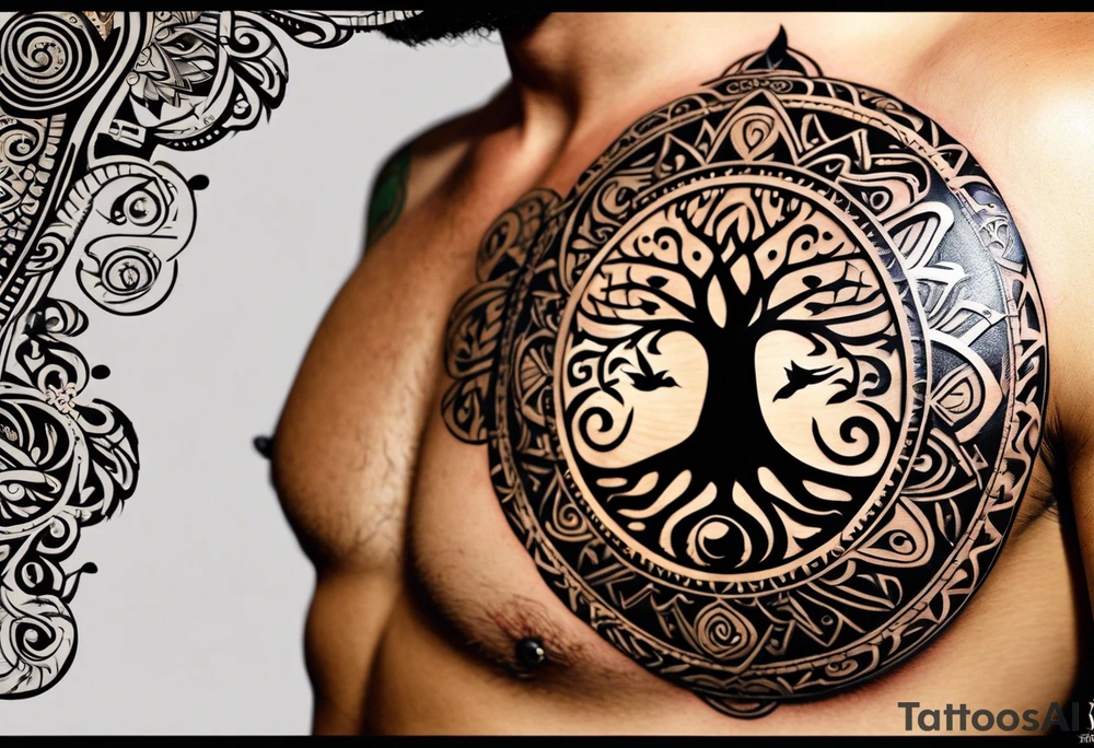 Craft a tribal Maori tattoo design seamlessly integrating the tree of life, a doctor bird, lignum vitae flowers, a nautical compass, and an old-school pocket watch. The design should flow from the arm to the chest, emphasizing equal importance for each element. Utilize traditional Maori patterns and symbolism to convey meaningful representation of these elements within the design, executed in a black and grey color scheme tattoo idea