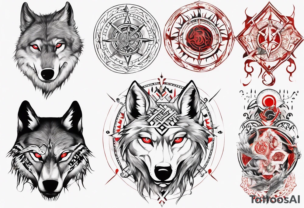 want a half sleeve on my left forearm featuring a side profile of wolf with a vegvisir for its eye and red eye, surrounded by Māori patterns tattoo idea