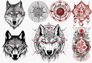 want a half sleeve on my left forearm featuring a side profile of wolf with a vegvisir for its eye and red eye, surrounded by Māori patterns tattoo idea