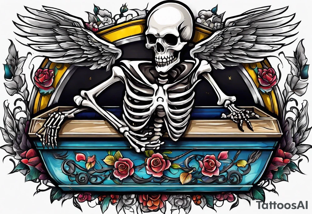 skeleton getting out of coffin tattoo idea