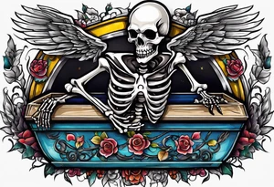 skeleton getting out of coffin tattoo idea