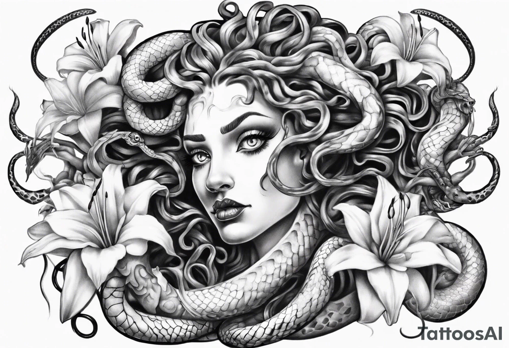 Medusa with white pupils and snake hair. Lilies tattoo idea