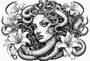 Medusa with white pupils and snake hair. Lilies tattoo idea