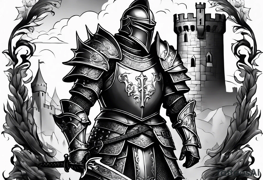 knight in armor full body with castle in background and dragon tattoo idea