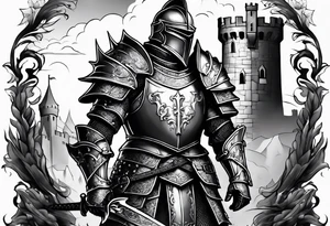 knight in armor full body with castle in background and dragon tattoo idea