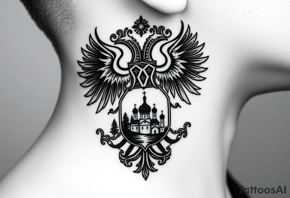 Traditional authentic Russian coat of arms with double headed eagle & a well shaded Christian orthodox virgin marry crest in the middle with silhouette of a lake in a Russian wilderness Christian orthodoxy dome church village setting on the side of my neck tattoo idea