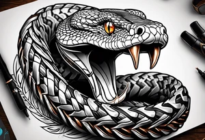 black and white drawing of a snake head with copper eyes an open mouth with mountain bike tire tread for body tattoo idea