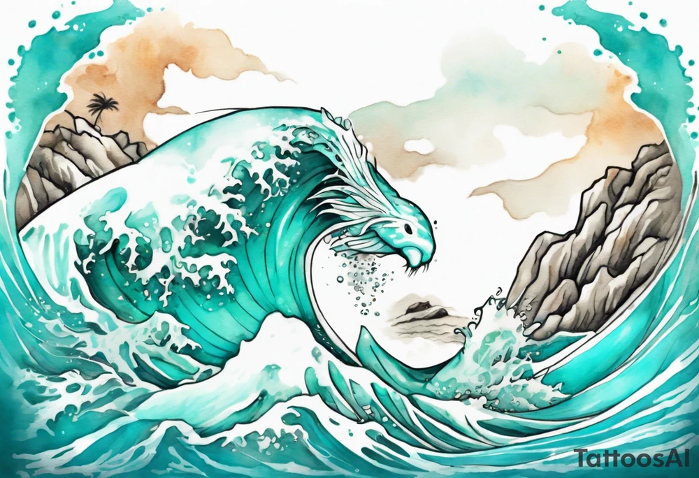 a beautiful turquoise kappa emerging from an ocean wave, crashing onto the shore tattoo idea