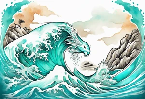 a beautiful turquoise kappa emerging from an ocean wave, crashing onto the shore tattoo idea