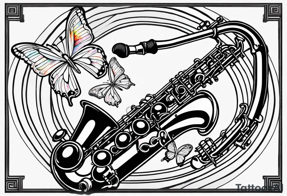 Saxophone, butterfly, rainbow, PACMAN tattoo idea