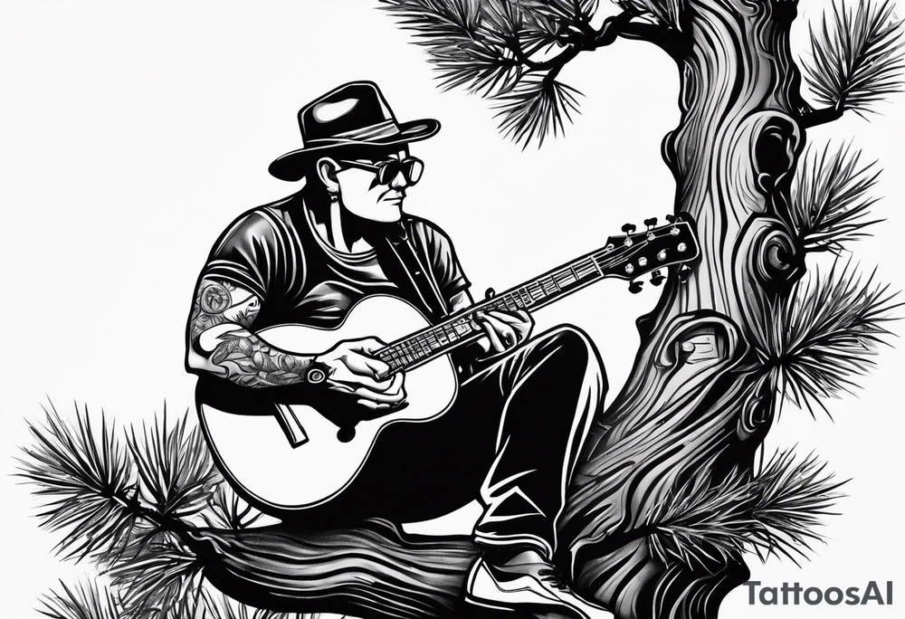 a cartoon drawing of a man sitting in a pine tree playing electric guitar tattoo idea