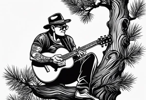 a cartoon drawing of a man sitting in a pine tree playing electric guitar tattoo idea