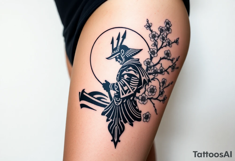 noble samurai warrior silhouette at sunset with cherry blossoms tattoo idea