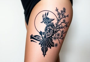 noble samurai warrior silhouette at sunset with cherry blossoms tattoo idea