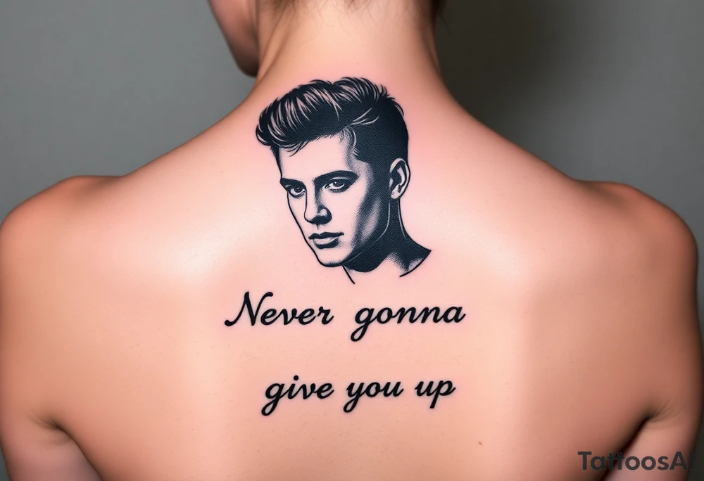 Rick Astley outline with text Never Gonna Give You Up tattoo idea