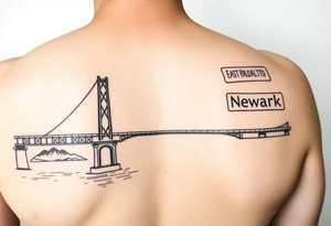 A bridge over water with two cities on the side. The city signs on the side of the bridge. East Palo Alto on the left and Newark on the right tattoo idea
