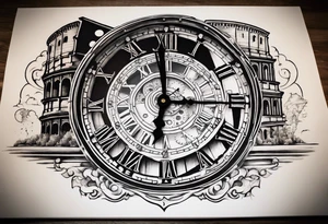 A mechanical clock with internal gears and a weathered Roman colosseum in the background. A script quote, “it’s not the critic that counts it’s the man in the arena@ embedded tattoo idea