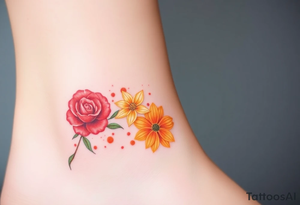 a colorful, vibrant, watercolor tattoo with one red rose, one orange lily, one gold marigold, and one orange cosmos flower and with splashes of color tattoo idea