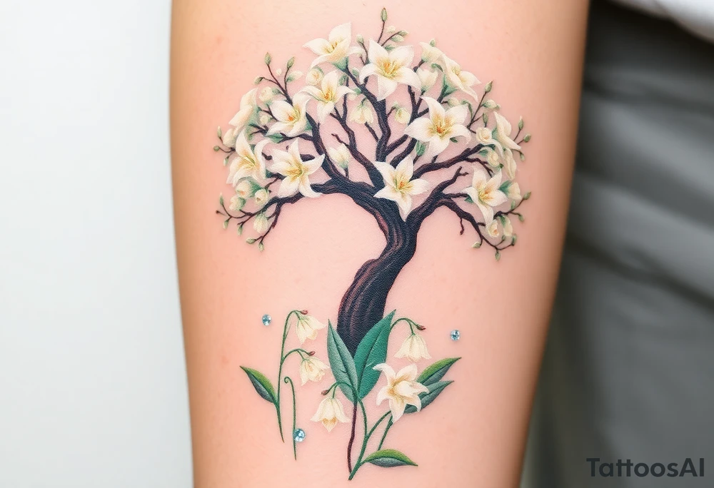 White flowering Lilly of the vally bell plants on the ground underneath a majestic blooming hawthorn tree tattoo idea
