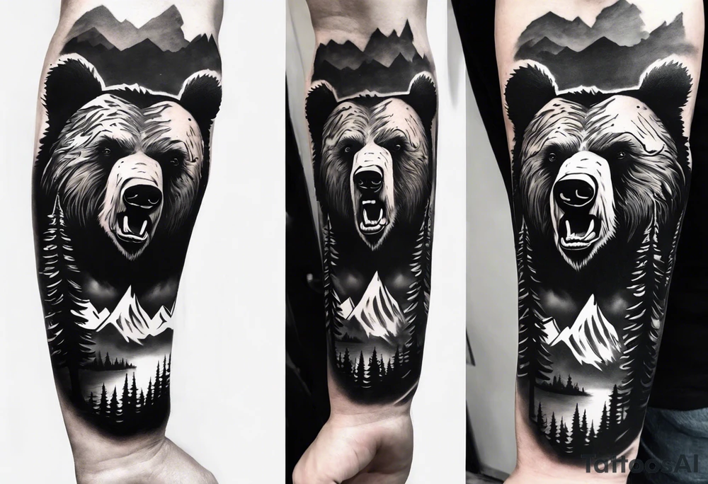 bear head right above the forest line with a lake below, full arm sleeve tattoo tattoo idea