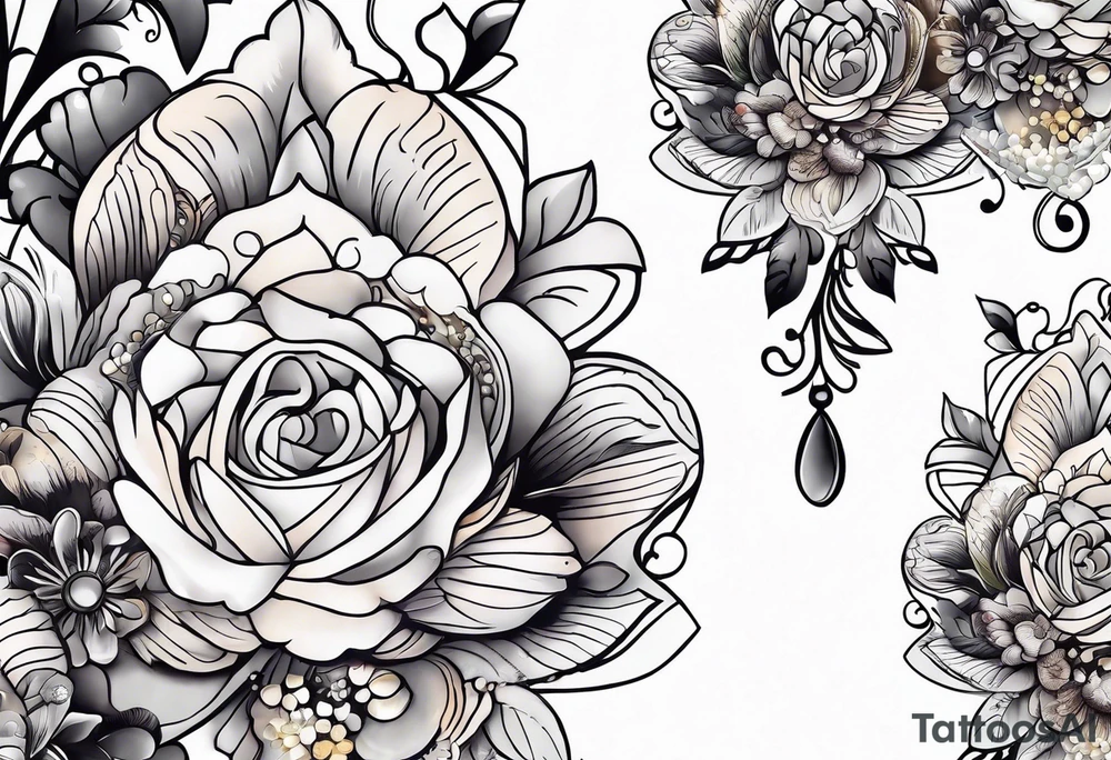 Floral leg piece with beading and lace tattoo idea