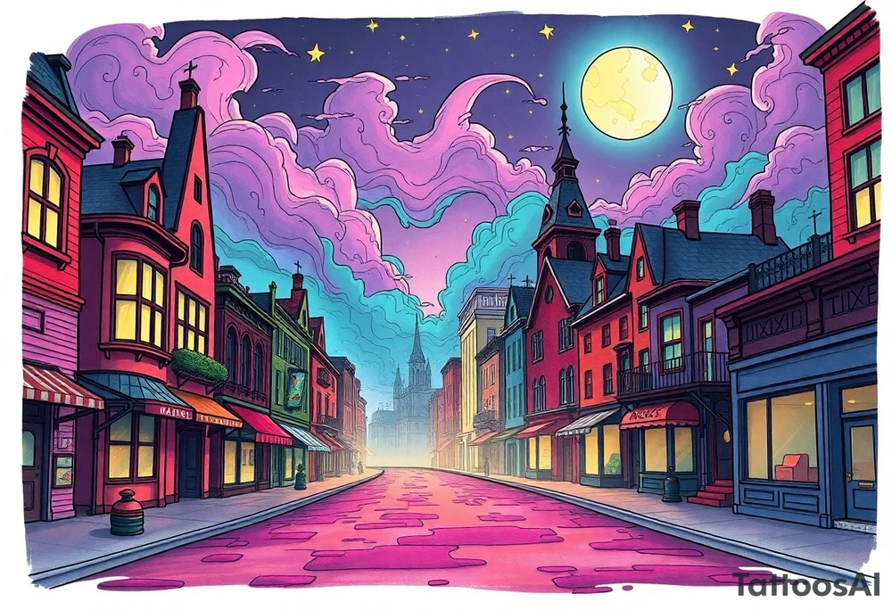 Tim Burton’s time square from outside view is the street abandoned and dripping with muted reds, dusty pinks, and eerie green glow purple and cyan smokey clouds swirl and dance in the moonlit night sky filled with twinkling stars  tattoo idea tattoo idea