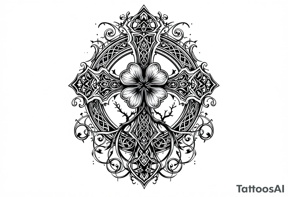 detailed irish celtic cross with a four leaf clover being surrounded by other celtic elements include a tree of life tattoo idea