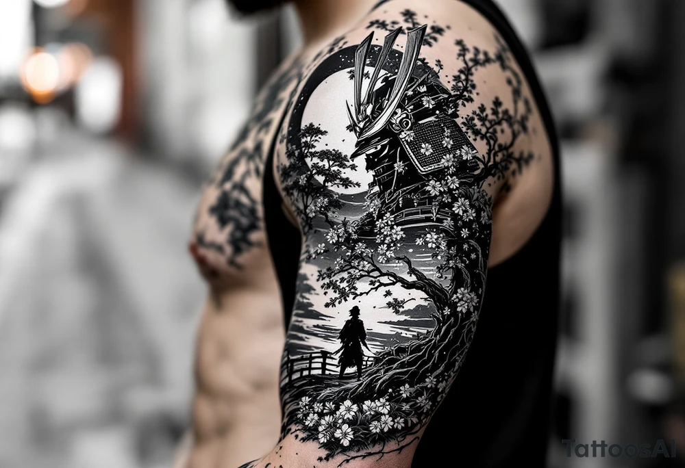 noble samurai warrior silhouette at sunset with cherry blossoms tattoo idea