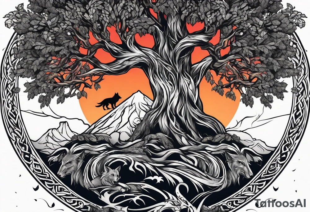 Yggdrasil with hugin and munin and fenrir tattoo idea
