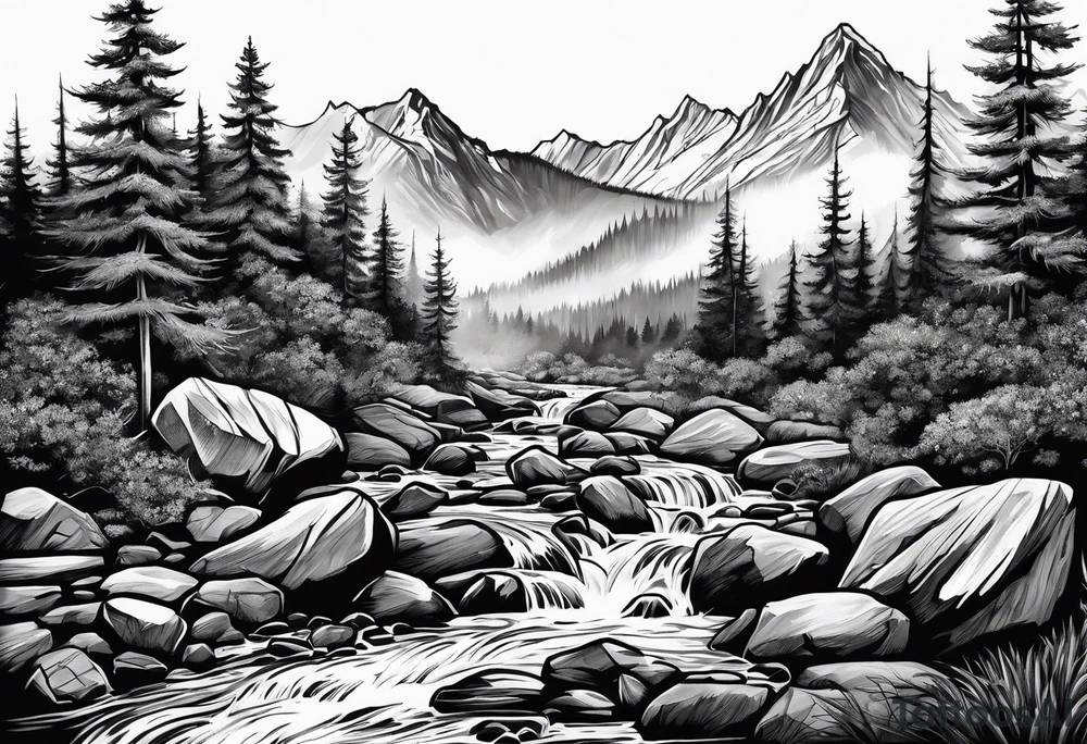 forrest 
river running through rocks and mountains 
open
realistic tattoo idea