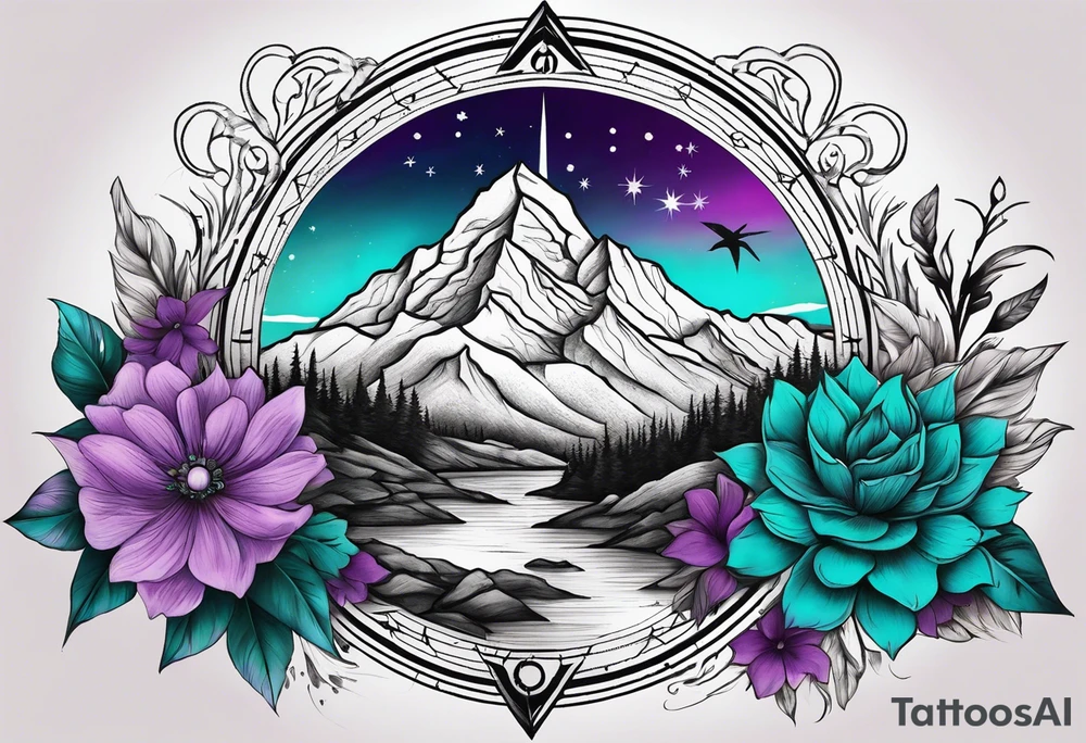 Half Sleeve tattoo: 
mountain in front of a compass rose 
with purple and teal sky, and purple and teal flowers in the foreground tattoo idea
