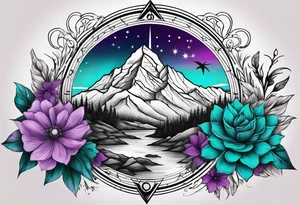 Half Sleeve tattoo: 
mountain in front of a compass rose 
with purple and teal sky, and purple and teal flowers in the foreground tattoo idea