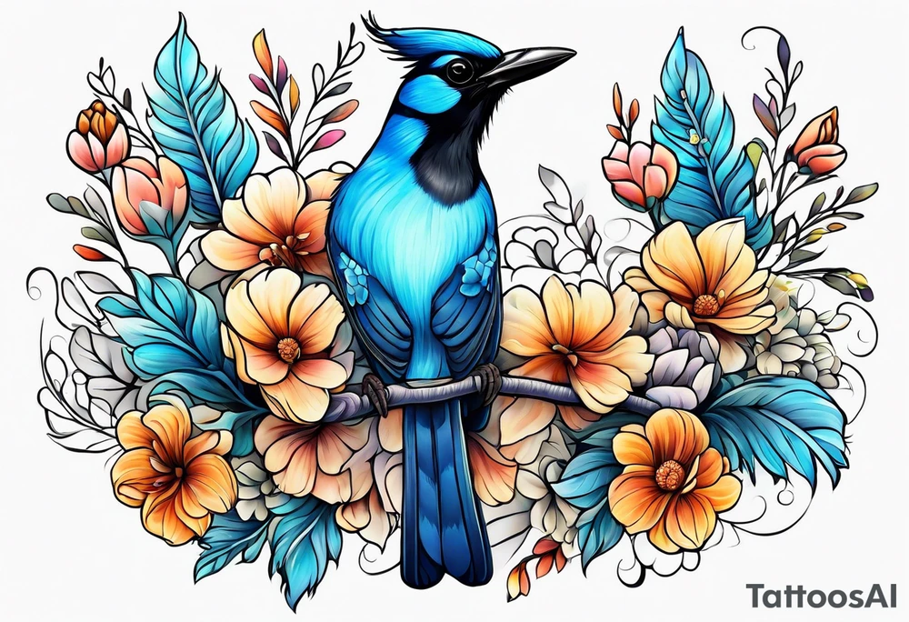 Steller’s Jay bird with flowers tattoo idea