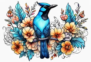 Steller’s Jay bird with flowers tattoo idea