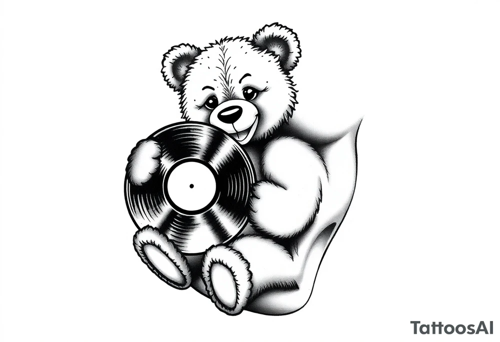 smiling teddy bear holding a vinyl record tattoo idea