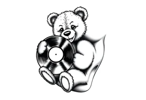 smiling teddy bear holding a vinyl record tattoo idea