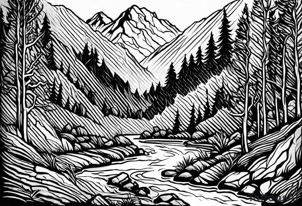 forrest 
river running through rocks and mountains 
open
realistic
less trees tattoo idea