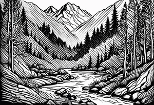 forrest 
river running through rocks and mountains 
open
realistic
less trees tattoo idea