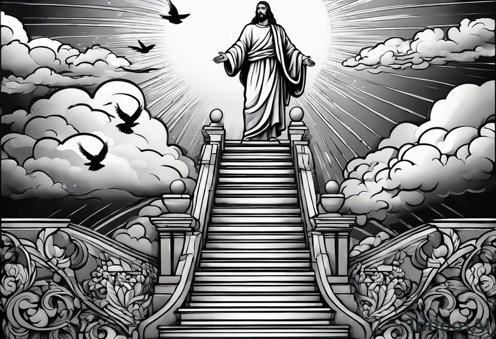 Jesus standing on a flight of stairs with clouds, sunshine and a dove in the background on the upper arm tattoo idea