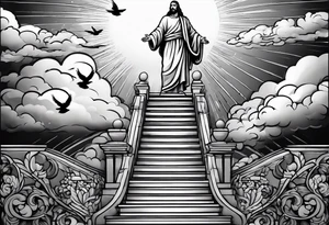Jesus standing on a flight of stairs with clouds, sunshine and a dove in the background on the upper arm tattoo idea