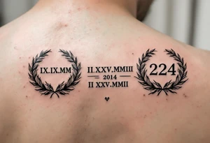 Roman numeral dates IX.IX.MM and II.XXV.MMII with a space between them in a balanced and symmetrical layout, along with the number 224 tattoo idea