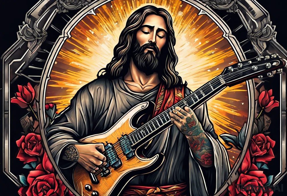 create a Jesus holding an electric guitar in one hand and a machine gun in the other whilst positioned on a cross tattoo idea