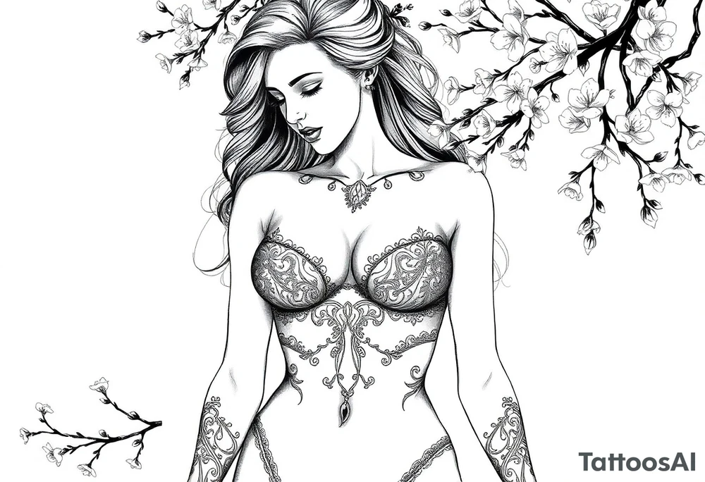 Hottest depiction of a starter the goddess of Love and war nude with see-through exotic lingerie at sunset with cherry blossoms tattoo idea