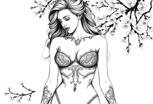Hottest depiction of a starter the goddess of Love and war nude with see-through exotic lingerie at sunset with cherry blossoms tattoo idea