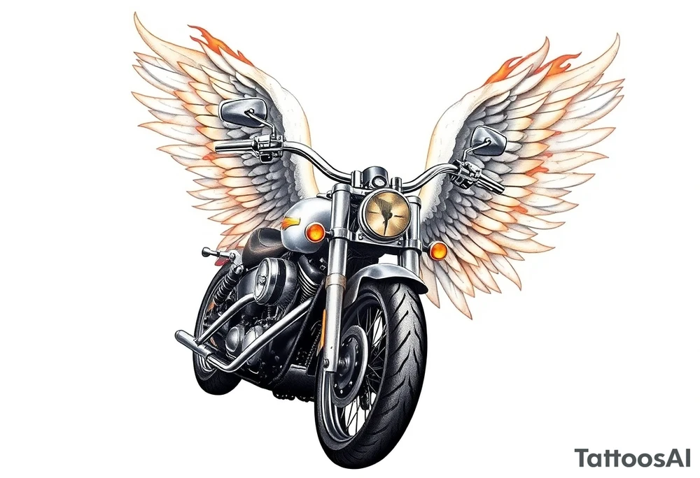 Harley grey motorcycle driving away, flames, angel wings tattoo idea