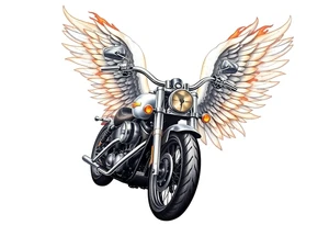 Harley grey motorcycle driving away, flames, angel wings tattoo idea