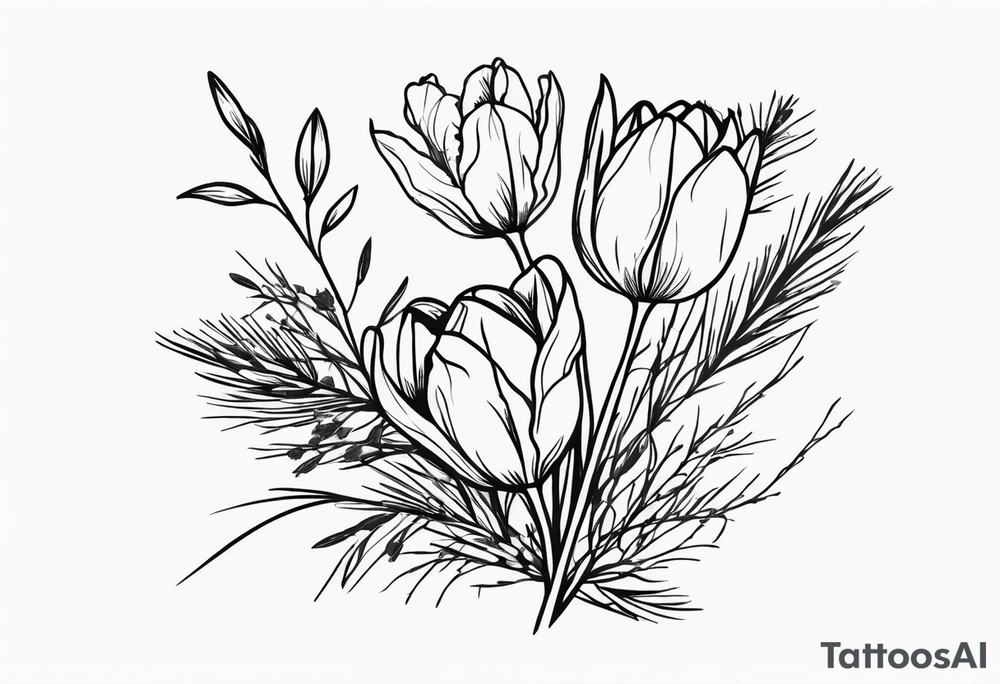 tulip and indian paintbrush flowers in a bouquet with pine branch and willow branch. minimalist, simple bouquet. small. tattoo idea