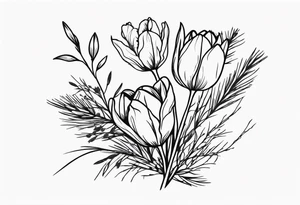 tulip and indian paintbrush flowers in a bouquet with pine branch and willow branch. minimalist, simple bouquet. small. tattoo idea